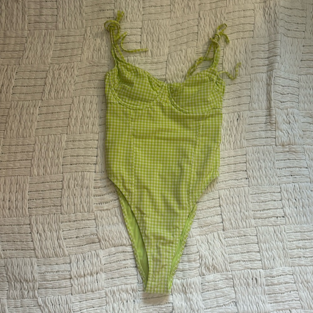 Backless lime green gingham bathing suit